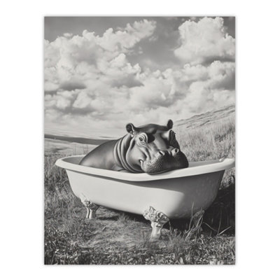 Artery8 Unframed Wall Art Baby Hippo In Bathtub Black White Surreal12X16 Inch from B&Q