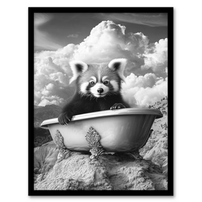 Artery8 Red Panda In Bathtub On Hill Black White Surreal Wall Art PrintA4 Size from B&Q