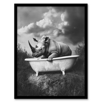 Artery8 Rhino In Bathtub Black White Bath Time Surreal Wall Art PrintA4 Size from B&Q
