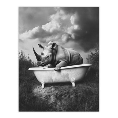 Artery8 Unframed Wall Art Rhino In Bathtub Black White Bath Time Surreal12X16 Inch from B&Q