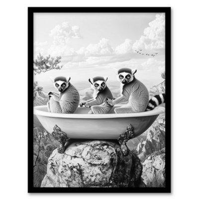 B&Q -  Framed Wall Art Ring-Tailed Lemurs In Bathtub Black White Surreal Print12X16 Inch