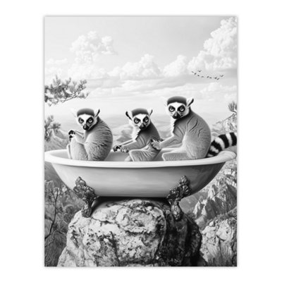B&Q -  Unframed Wall Art Ring-Tailed Lemurs In Bathtub Black White Surreal12X16 Inch