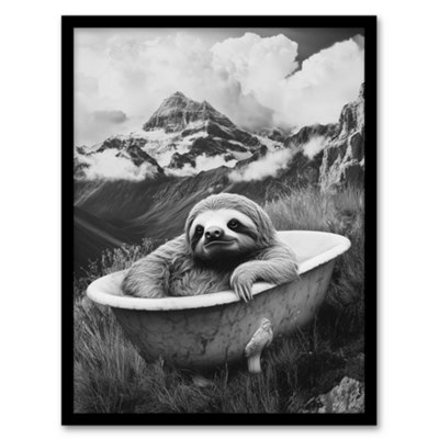Artery8 Sloth In Bathtub On Mountain Black White Surreal Wall Art PrintA4 Size from B&Q