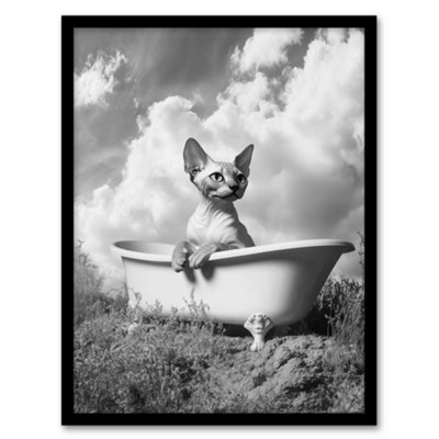 Artery8 Framed Wall Art Sphinx In Bathtub Black White Surreal Cat Lover Print12X16 Inch from B&Q