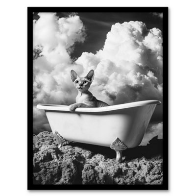 Artery8 Framed Wall Art Cat Lover Sphinx In Bathtub Black White Surreal Print12X16 Inch from B&Q
