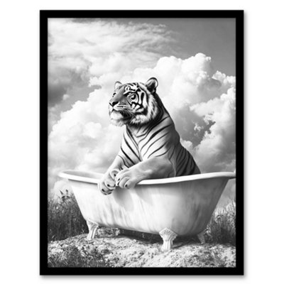 Artery8 Framed Wall Art Tiger Bathtub Black White Surreal Big Cat Lover Print12X16 Inch from B&Q