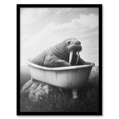Artery8 Walrus In Bathtub Black White Coastal Surreal Wall Art PrintA4 Size from B&Q