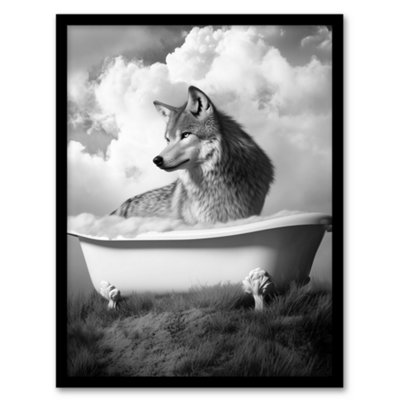 Artery8 Framed Wall Art Wolf In Bathtub Surreal Black White Bubble Bath Print12X16 Inch from B&Q