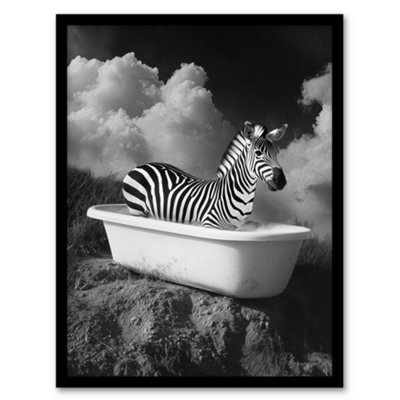 Artery8 Zebra Bath Time In Bathtub Black White Surreal Wall Art PrintA4 Size from B&Q