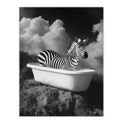 B&Q -  Unframed Wall Art Zebra Bath Time In Bathtub Black White Surreal12X16 Inch