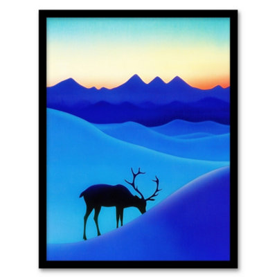 Artery8 Framed Wall Art Reindeer Arctic Landscape Snow Dawn Watercolour Print12X16 Inch from B&Q