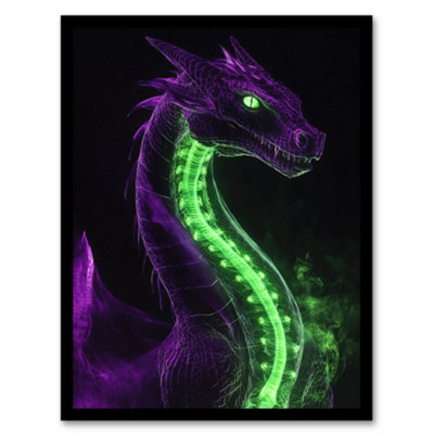 Artery8 Fantasy Dragon Neon Purple Green Xray Effect Wall Art PrintA4 Size from B&Q