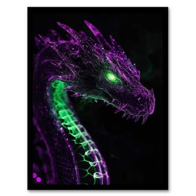 Artery8 Dragon Head Neon Purple Green Fantasy Concept Art Wall Art PrintA4 Size from B&Q