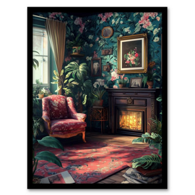 Artery8 Plant Lover Cozy Fireplace Floral Tapestry Wall Art PrintA4 Size