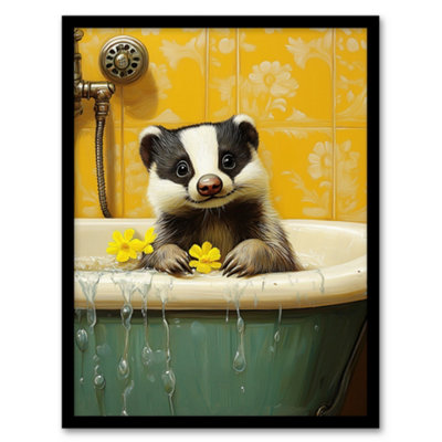 Artery8 Cute Badger In Bathtub Yellow Daisy Theme Bath Wall Art PrintA4 Size from B&Q