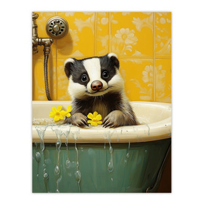 Artery8 Unframed Wall Art Cute Badger In Bathtub Yellow Daisy Theme Bath12X16 Inch from B&Q