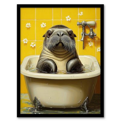 Artery8 Framed Wall Art Cute Walrus Yellow Bathroom Bathtub Bath Time Print12X16 Inch from B&Q