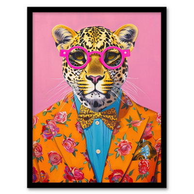 Artery8 Framed Wall Art Dandy Leopard Floral Suit Glasses Bow Tie Vibrant Print12X16 Inch from B&Q