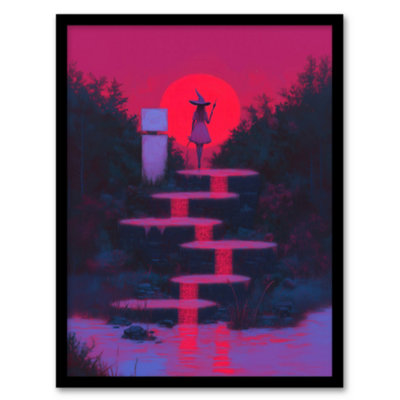 B&Q -  Framed Wall Art Full Moon Witch Ritual Neon Pink Fantasy Art Print12X16 Inch