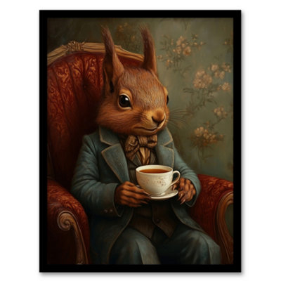 Artery8 Red Squirrel Tea On Armchair Victorian Portrait Wall Art PrintA4 Size from B&Q