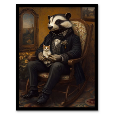 Artery8 Framed Wall Art Victorian Badger With Kitten On Rocking Chair Print12X16 Inch from B&Q