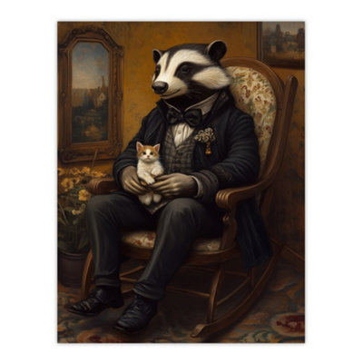 Artery8 Unframed Wall Art Victorian Badger With Kitten On Rocking Chair12X16 Inch from B&Q