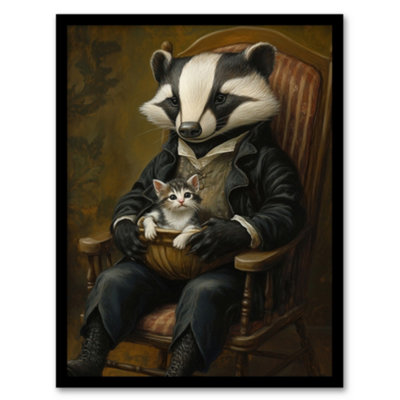 Artery8 Victorian Animals Fantasy Badger With A Kitten Wall Art PrintA4 Size from B&Q