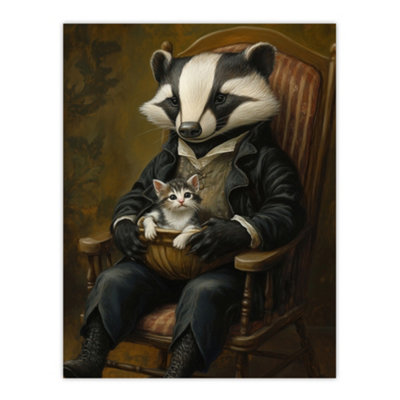 Artery8 Unframed Wall Art Victorian Animals Fantasy Badger With A Kitten12X16 Inch from B&Q