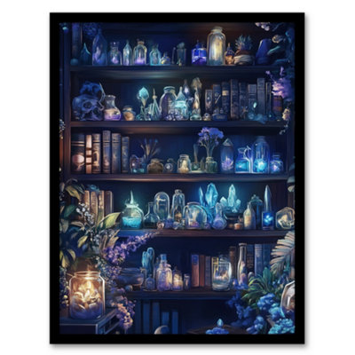 B&Q -  Framed Wall Art White Witch Cupboard Books Crystals Potions Print12X16 Inch