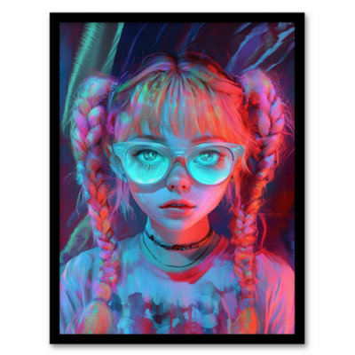 B&Q -  Nerdy Girl Braid Pigtails Glasses Neon Pink Blue Wall Art PrintA4 Size