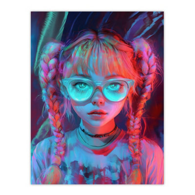 B&Q -  Unframed Wall Art Nerdy Girl Braid Pigtails Glasses Neon Pink Blue12X16 Inch