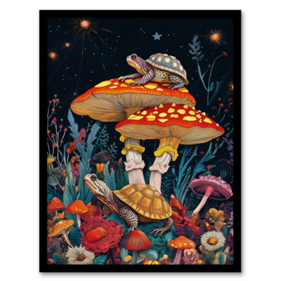 Artery8 Framed Wall Art Turtle Toads Colourful Psychedelic Magic Mushroom Print12X16 Inch from B&Q