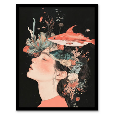 Artery8 Framed Wall Art Sea Dream Coral Reef Fish Woman Surreal Portrait Print12X16 Inch from B&Q