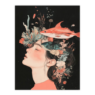 Artery8 Unframed Wall Art Sea Dream Coral Reef Fish Woman Surreal Portrait12X16 Inch from B&Q