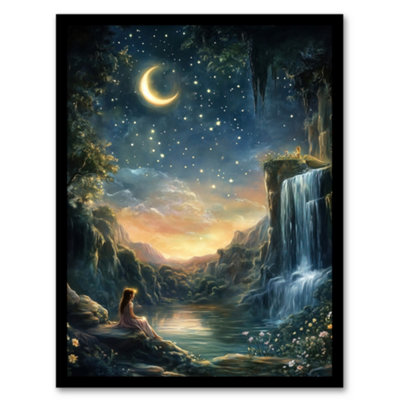 B&Q -  Framed Wall Art Wendy In Neverland Lake Magical Forest Waterfall Print12X16 Inch
