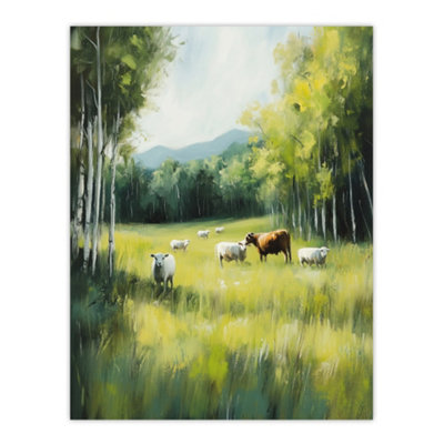 Artery8 Unframed Wall Art Sheep Cows Grazing Countryside Field Painting12X16 Inch