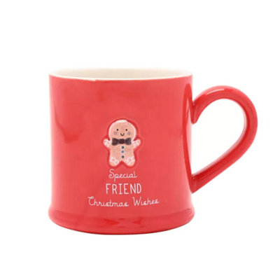  - Christmas Mug Friend Love Life Embossed Ceramic Gingerbread Red Gift Boxed 300Ml