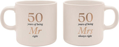  - 50 Year Anniversary Stoneware Mr Right Mrs Always Right Mug Set White 2 Piece Gift Box 10Cm Couple Keepsake