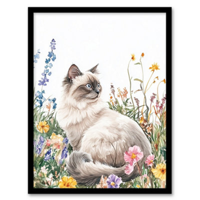 Artery8 Ragdoll Cat Lover Pet Wildflower Floral Portrait Wall Art PrintA4 Size from B&Q