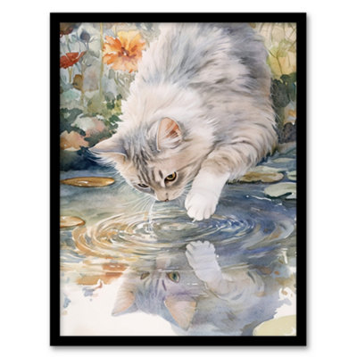 Artery8 Framed Wall Art Cat Lover Cute Kitten Pond Lake Watercolour Print12X16 Inch from B&Q