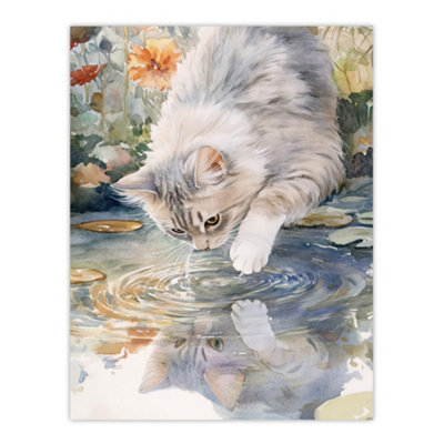 Artery8 Unframed Wall Art Cat Lover Cute Kitten Pond Lake Watercolour12X16 Inch from B&Q