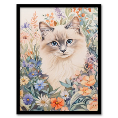 Artery8 Framed Wall Art Ragdoll Cat Lover Floral Pet Portrait Watercolour Print12X16 Inch from B&Q