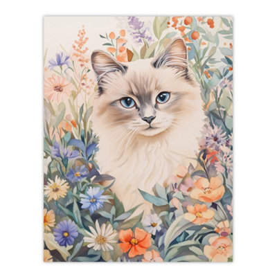 Artery8 Unframed Wall Art Ragdoll Cat Lover Floral Pet Portrait Watercolour12X16 Inch from B&Q