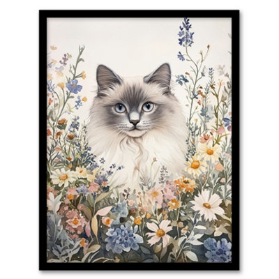 Artery8 Framed Wall Art Pet Portrait In Spring Flowers Ragdoll Cat Lover Print12X16 Inch from B&Q