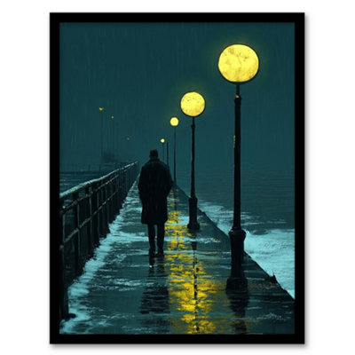 Artery8 Night Walk In Rain Under Promenade Street Lamps Wall Art PrintA4 Size from B&Q