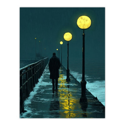 Artery8 Unframed Wall Art Night Walk In Rain Under Promenade Street Lamps12X16 Inch from B&Q