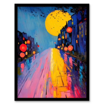 B&Q -  Framed Wall Art Full Moon Night City Street Colourful Abstract Print12X16 Inch