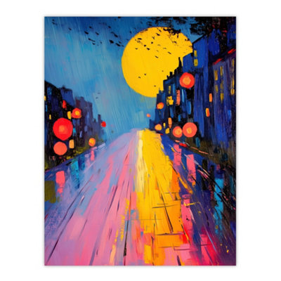 Artery8 Unframed Wall Art Full Moon Night City Street Colourful Abstract12X16 Inch from B&Q