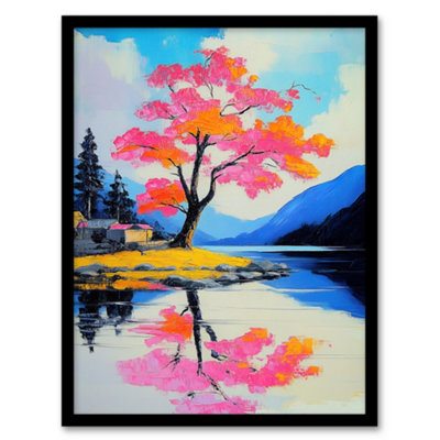 Artery8 Cherry Blossom Tree By Lake Coastal Landscape Wall Art PrintA4 Size from B&Q