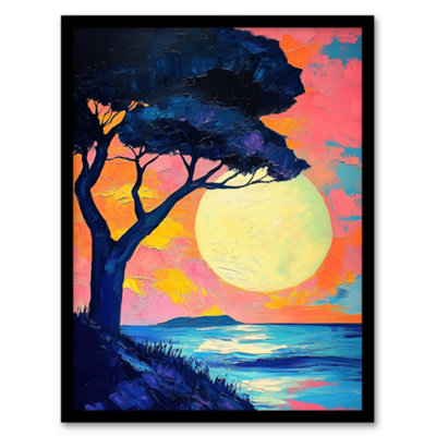 Artery8 Framed Wall Art Tree Silhouette By Sea Large Sunset Sun Seascape Print12X16 Inch from B&Q